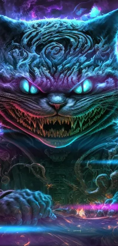 Vivid neon fantasy cat with glowing eyes and intricate details in vibrant colors.