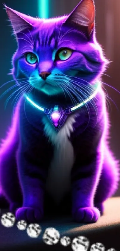 Purple cat with neon lights in a fantasy wallpaper.