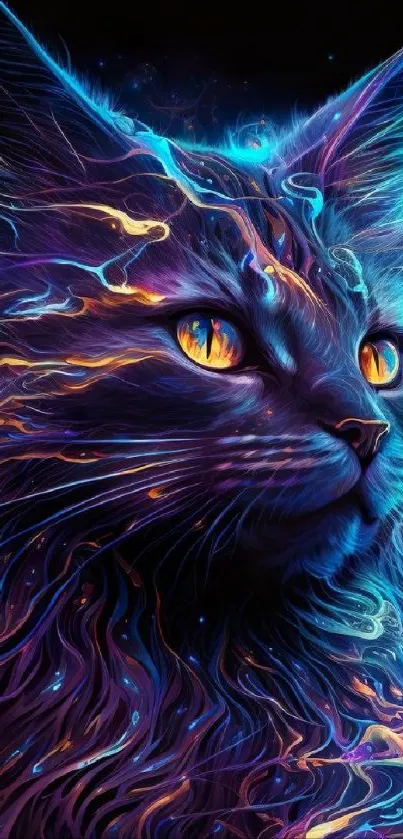 Vibrant neon cat wallpaper with cosmic swirls.