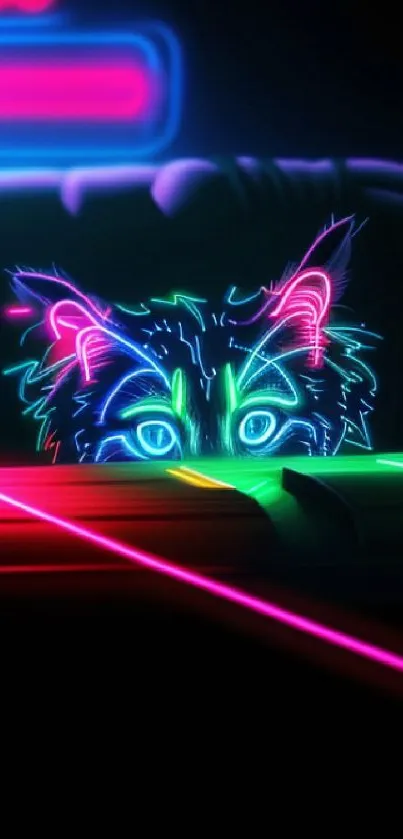 Futuristic neon cat with bright colors and lines on a mobile wallpaper.