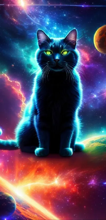 Neon glowing cat in a colorful galaxy with planets and stars.