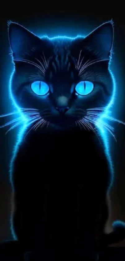 Neon glow cat with bright blue eyes against a dark background.