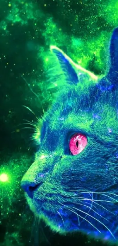 A neon green cat set against a cosmic starry background.