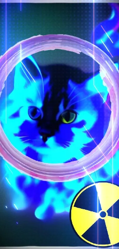 Neon cat with glowing cyber effects and radiant colors for mobile wallpaper.