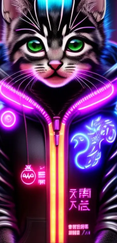 Neon cat with glowing eyes in a cyberpunk hoodie with vibrant colors.