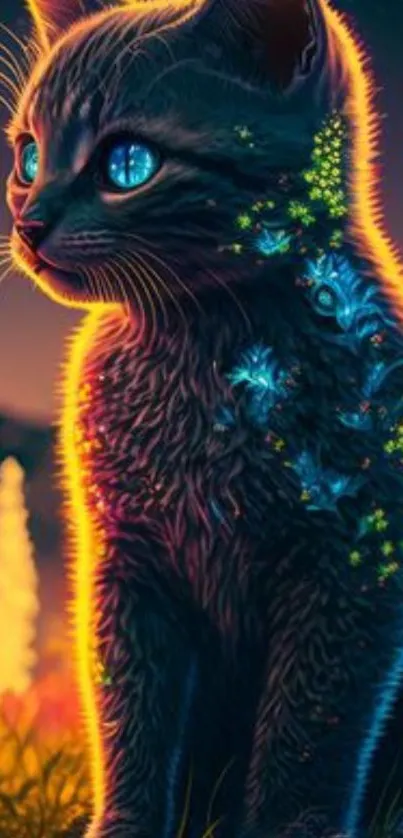 A neon-illuminated cat with glowing accents sits in a magical forest by night.