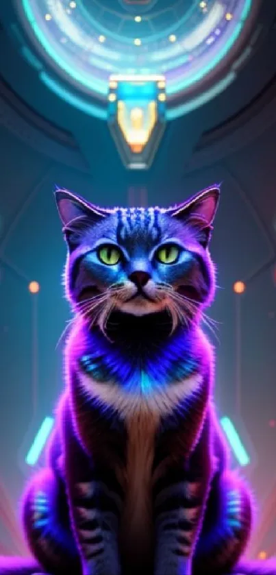 Neon cat sitting in a futuristic, glowing room.