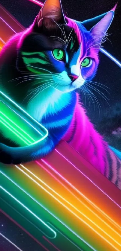 Vibrant neon cat in space with colorful glowing stripes on a mobile wallpaper.