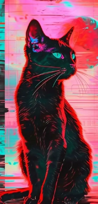 Neon pink and cyan wallpaper with a cosmic cat design.