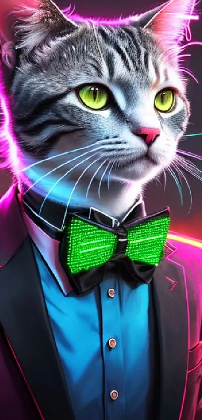 Stylish cat in neon suit with city background, vibrant colors.