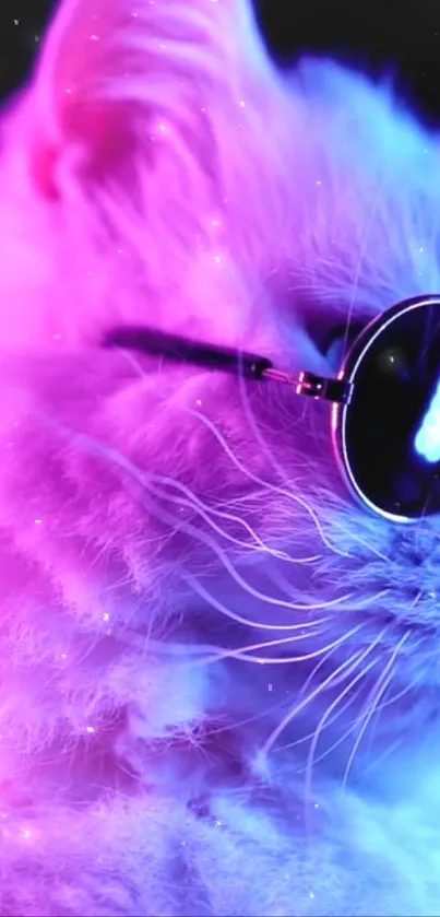 Neon cat wearing sunglasses with vibrant purple and blue hues.