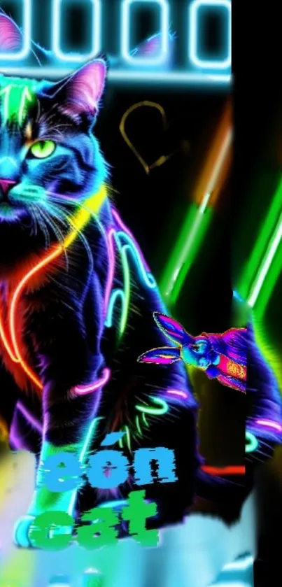 Vibrant neon cat with glowing lights design.