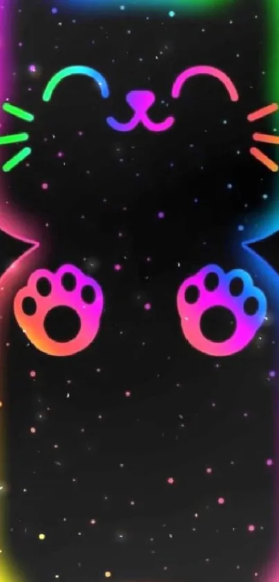 Neon rainbow cat wallpaper with black background.