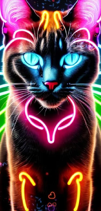 Vibrant neon cat with glowing accents on black background.