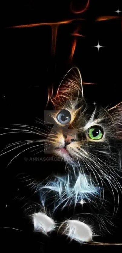 Neon art illustration of a cat on a black background.