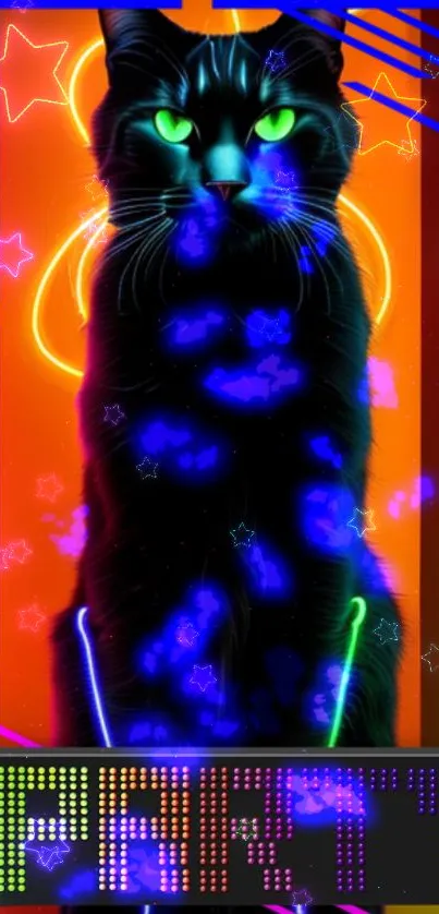 Neon black cat with glowing eyes and vibrant lights in a party theme.