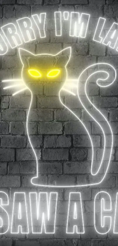 Neon cat with glowing eyes on a dark brick wall, highlighted by a playful text quote.