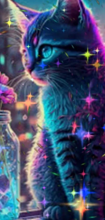 Neon cat with stars in a vibrant, magical scene on this phone wallpaper.