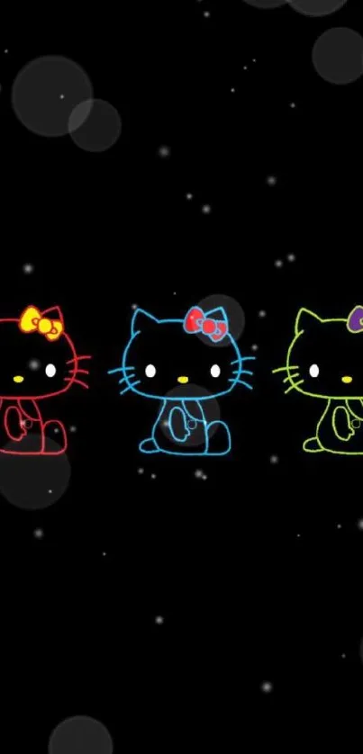 Vibrant neon cat wallpaper with colorful designs on a black background.