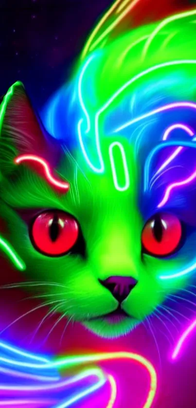 Vibrant neon cat wallpaper with glowing colorful lines.