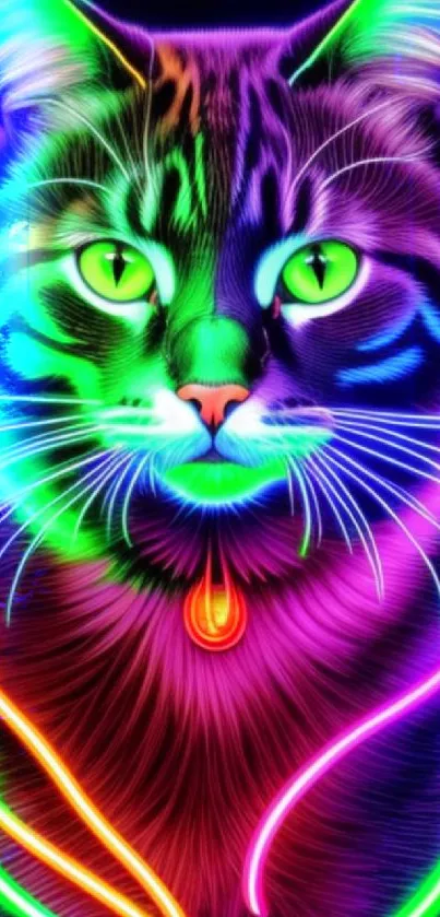 Vibrant neon cat wallpaper with glowing colors and bright light effects.