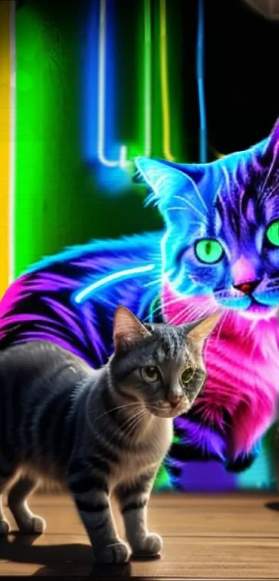 Neon illuminated cat with vibrant colors and glowing lines, perfect for mobile wallpaper.