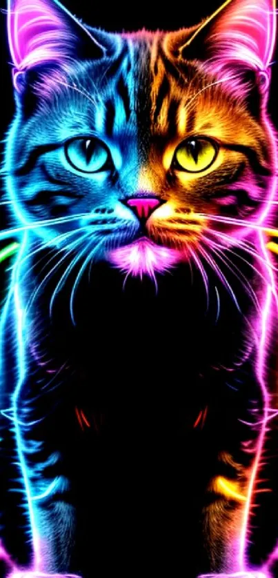 Vibrant neon cat with glowing colors for mobile wallpaper.