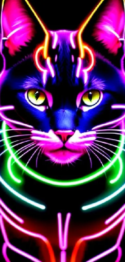 Vibrant neon cat in dark futuristic design.