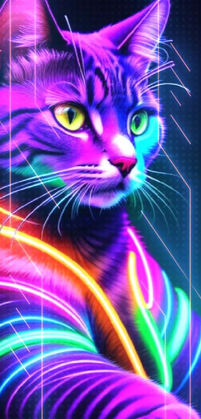 Vibrant neon-colored cat in purple light wallpaper.