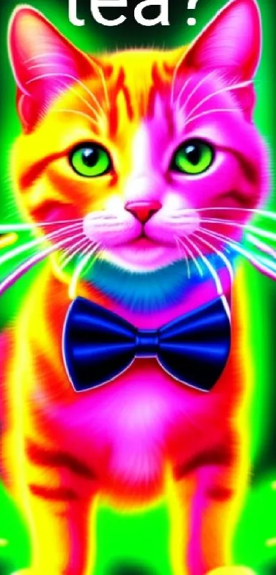 Neon cat with bow tie and vibrant colors.