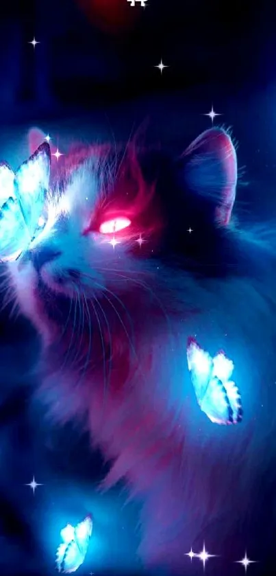 Neon cat with red eyes and glowing blue butterflies.