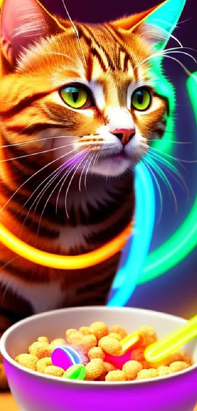 Neon-lit cat with a colorful cereal bowl in vibrant digital art.