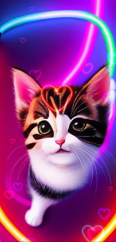 Cute kitten surrounded by vibrant neon lights in a colorful mobile wallpaper.