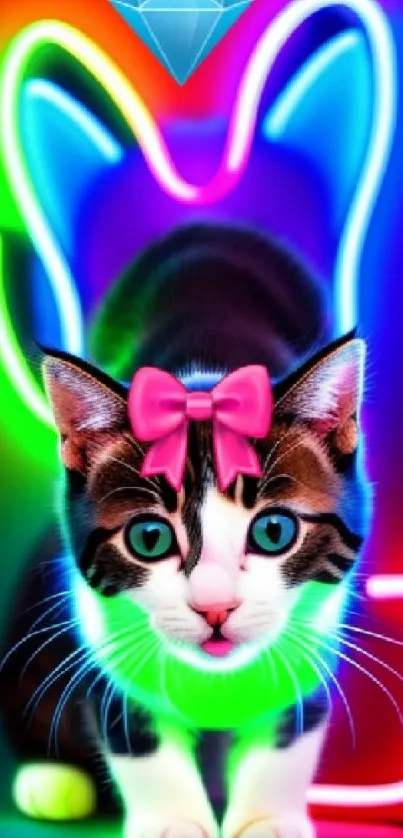 Neon cat with diamond glow and colorful lights.