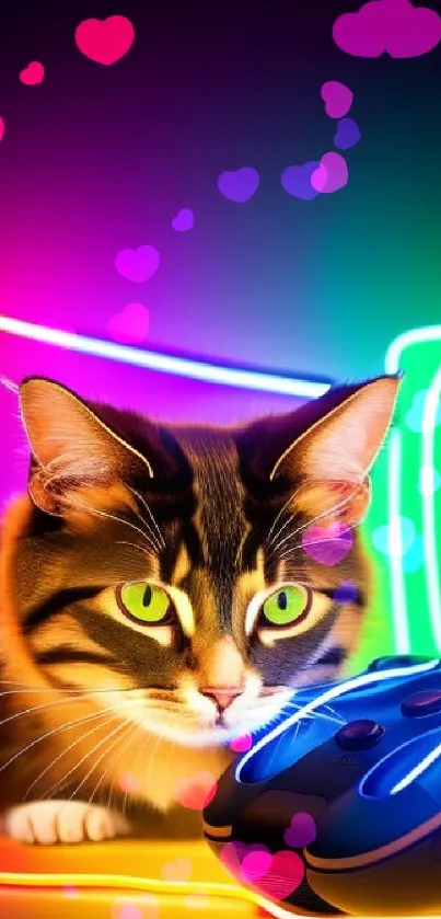 A cat with neon eyes beside a glowing game controller on a vibrant background.