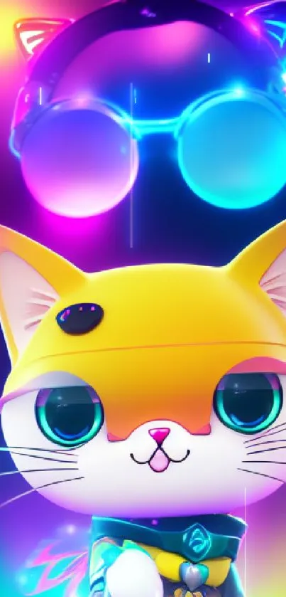 Bright neon wallpaper featuring a colorful cat with funky glasses.