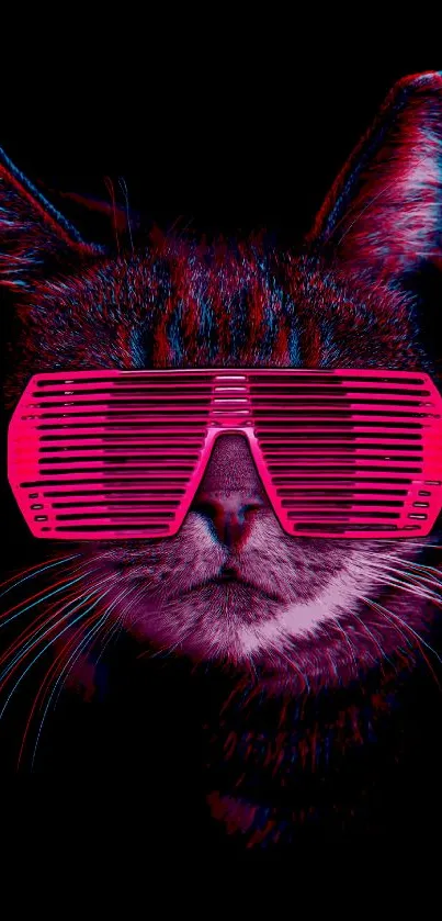 Neon cat with sunglasses on dark background.