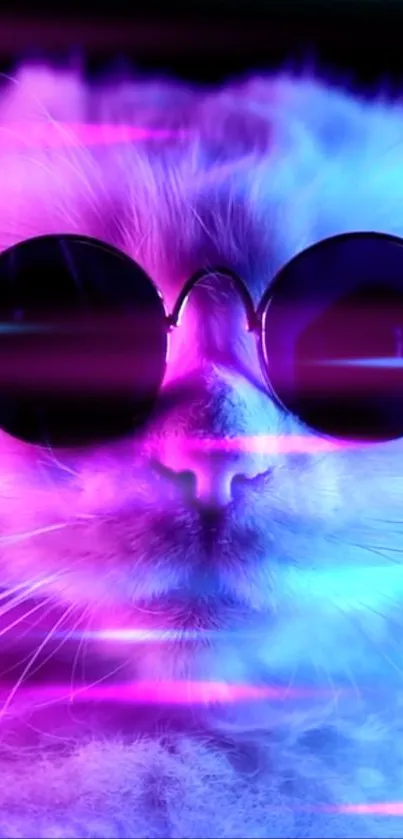 A neon cat wearing sunglasses in purple hues.