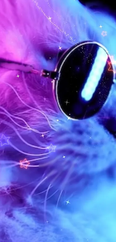 Neon cat wearing sunglasses with blue and pink hues.