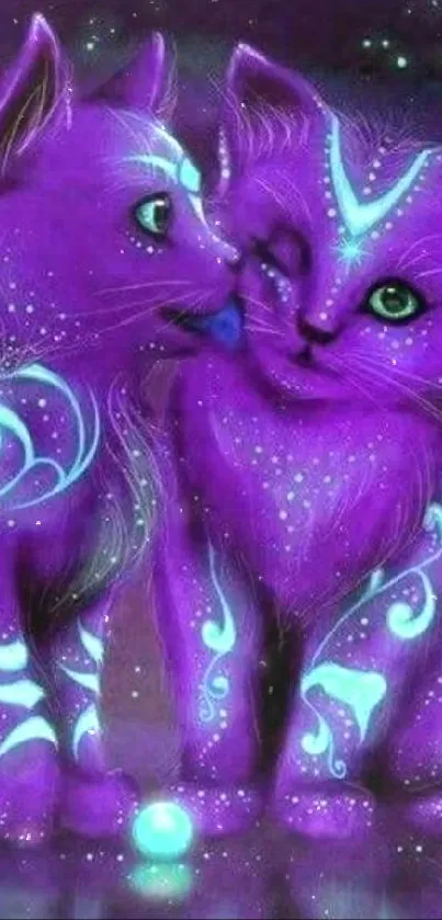 Neon purple cats with glowing patterns in a fantasy design.