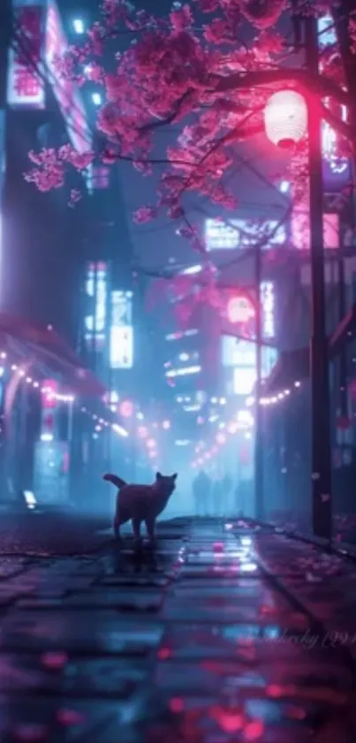 A vibrant neon-lit street with cherry blossoms, featuring a cat amidst the city nightlife.