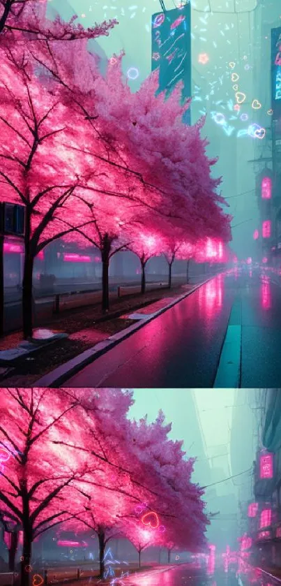 Neon-lit cherry blossom trees on a misty street at night.