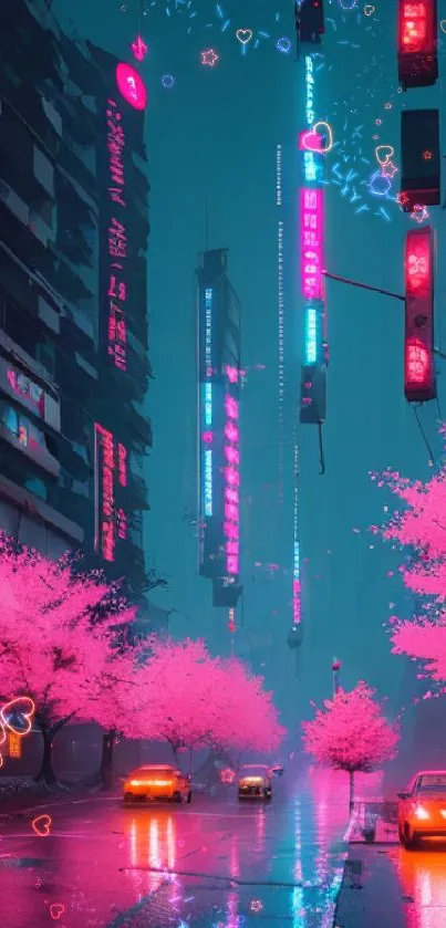 Neon-lit street with cherry blossoms at night.