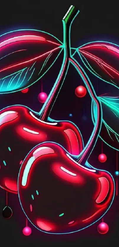 Vibrant neon cherry wallpaper with glowing red cherries and green leaves.