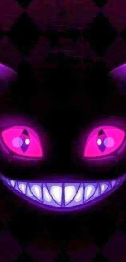 Neon Cheshire Cat with glowing pink eyes on a dark background.