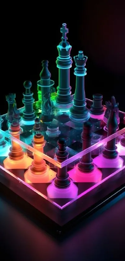 Vibrant neon chess board with glowing pieces on a mobile wallpaper.