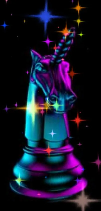 Neon chess knight on black background, vibrant 4K wallpaper.