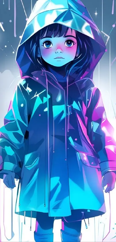 Vibrant neon art of child in raincoat, glowing in blue and pink hues.