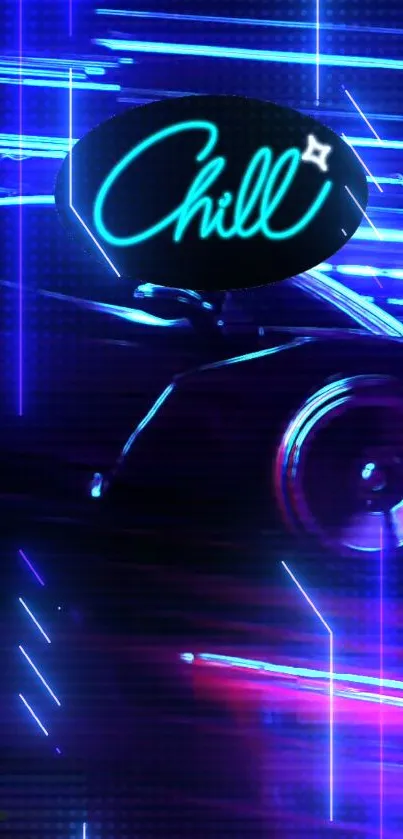 Neon-themed chill sign with a sleek car in the background.