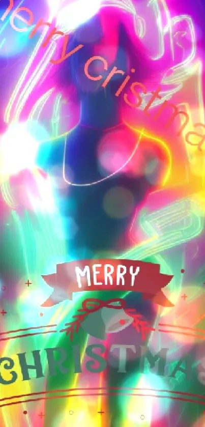 Neon Christmas with colorful lights and festive decorations.